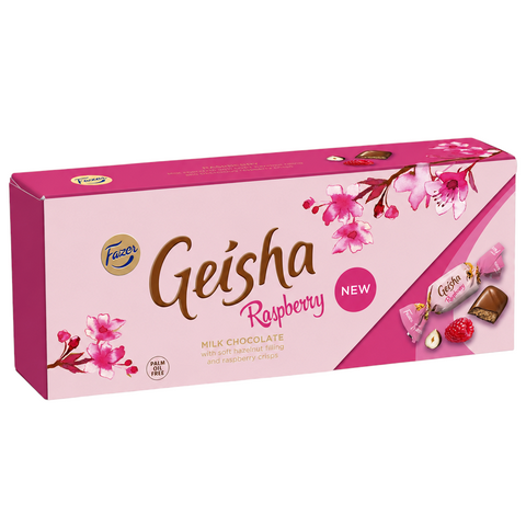 FinnGoods Fazer Geisha Raspberry milk chocolate box with hazelnut nougat filling and pink cherry blossom design