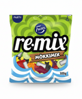A 300g bag of Fazer Remix Mökkimix candy. The packaging features a bright green and lime-green patterned background with the brand logo 'Fazer' and product name 'remix' in bold white letters.