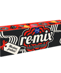 A box of Fazer re.mix Mustaa joulua! salty liquorice candies, shown at an angle on a gray and white checkered background.