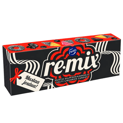 A box of Fazer re.mix Mustaa joulua! salty liquorice candies, shown at an angle on a gray and white checkered background.