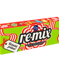A box of Fazer remix sour fruit candies, featuring a bright lime green and red design with candy cane graphics and multicoloured candy illustrations, shown on a transparent checkered background.