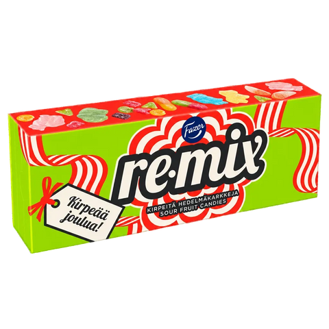A box of Fazer remix sour fruit candies, featuring a bright lime green and red design with candy cane graphics and multicoloured candy illustrations, shown on a transparent checkered background.