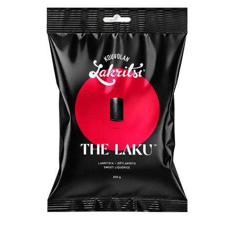A 300g black stand-up pouch of Kouvolan Lakritsi 'The Laku' sweet liqueur, featuring a bold red circular graphic on the front, set against a transparent checkered background.