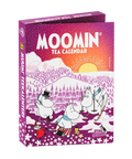 Moomin Tea Calendar book-shaped box featuring Moomin characters in a snowy mountain landscape, with a purple-to-orange gradient cover and white title text.