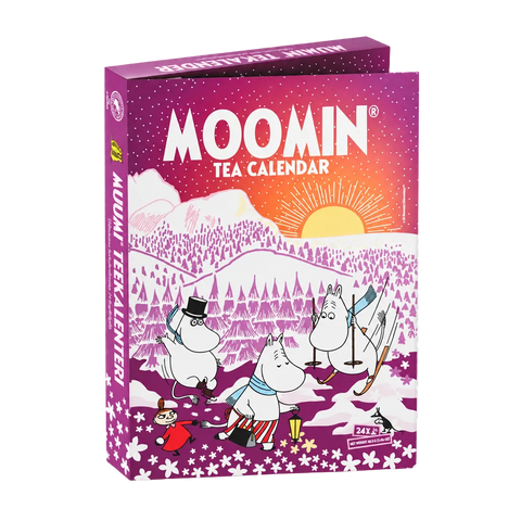Moomin Tea Calendar book-shaped box featuring Moomin characters in a snowy mountain landscape, with a purple-to-orange gradient cover and white title text.