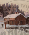 A painted winter village scene with rustic wooden cabins covered in snow, a snow-covered fence in the foreground, evergreen trees in the background, and a small figure standing near a gate. The artwork fills the frame.