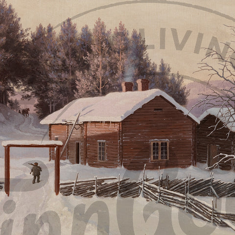 A painted winter village scene with rustic wooden cabins covered in snow, a snow-covered fence in the foreground, evergreen trees in the background, and a small figure standing near a gate. The artwork fills the frame.