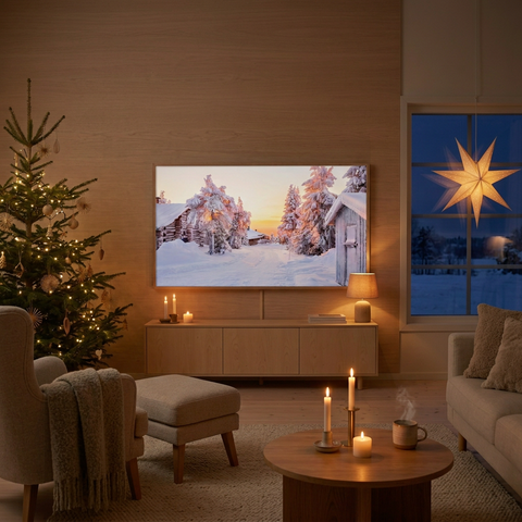 A large flat-screen TV mounted on a wood-paneled wall in a cozy living room, displaying a snowy winter village scene. The room includes a Christmas tree, armchair with throw blanket, ottoman, round coffee table with candles, sofa, and a window showing a glowing star outside.