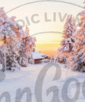 A snowy winter landscape at sunset with snow-covered pine trees, a small cabin, and a pale sky. Large translucent watermark text overlays are visible across the scene.
