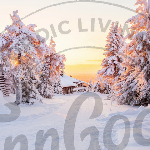 A snowy winter landscape at sunset with snow-covered pine trees, a small cabin, and a pale sky. Large translucent watermark text overlays are visible across the scene.